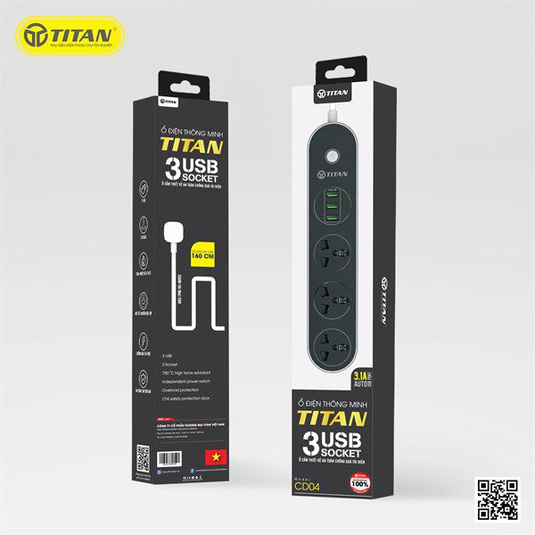 Ổ Cắm Điện Thông Minh 3 Cổng Kèm 2 USB Titan CD04 Đen - Chính Hãng 4 Đen 