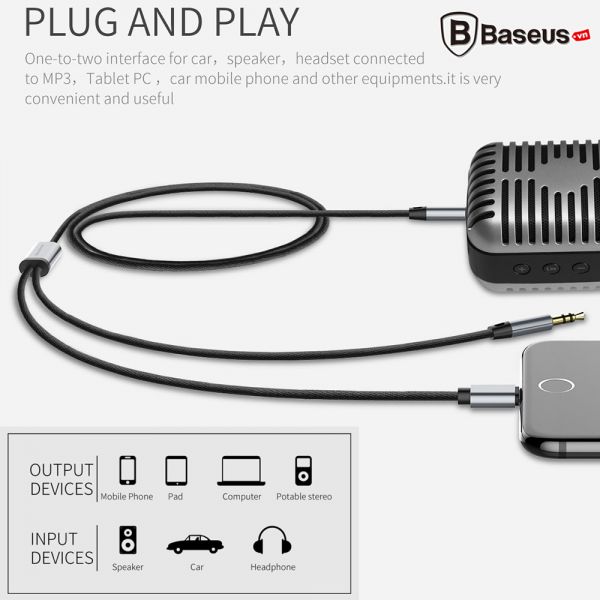 Cáp chuyển âm thanh Baseus L33 (Aux Audio 3.5mm sang Aux Audio 3.5mm + Lightning / 120cm) Chất Lượng Cao Hàng Chính Hãng