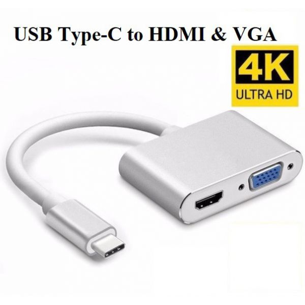 Cáp chuyển đổi type c 3.1 Sang VGA + HDMI Support 4Kx2K Adapter 2 in 1