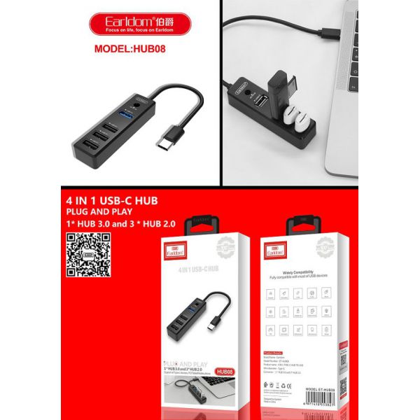 Ổ Cắm USB Earldom HUB-08 Chuẩn Type-C (Hỗ Trợ 3 Cổng USB 2.0 và 1 cổng USB 3.0)