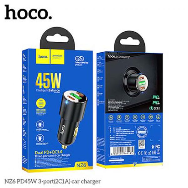 Tẩu sạc xe hơi Hoco NZ6 PD45W+ Q.C 3.0 Cao Cấp Hỗ Trợ 2 Cổng Type C, 1 USB-A
