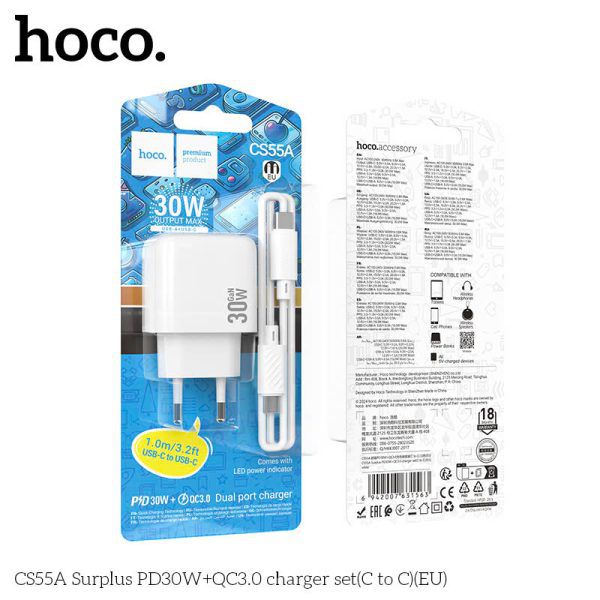 Bộ sạc nhanh 30W HOCO CS55A 2 cổng (usb+type-c) to type-c chính hãng